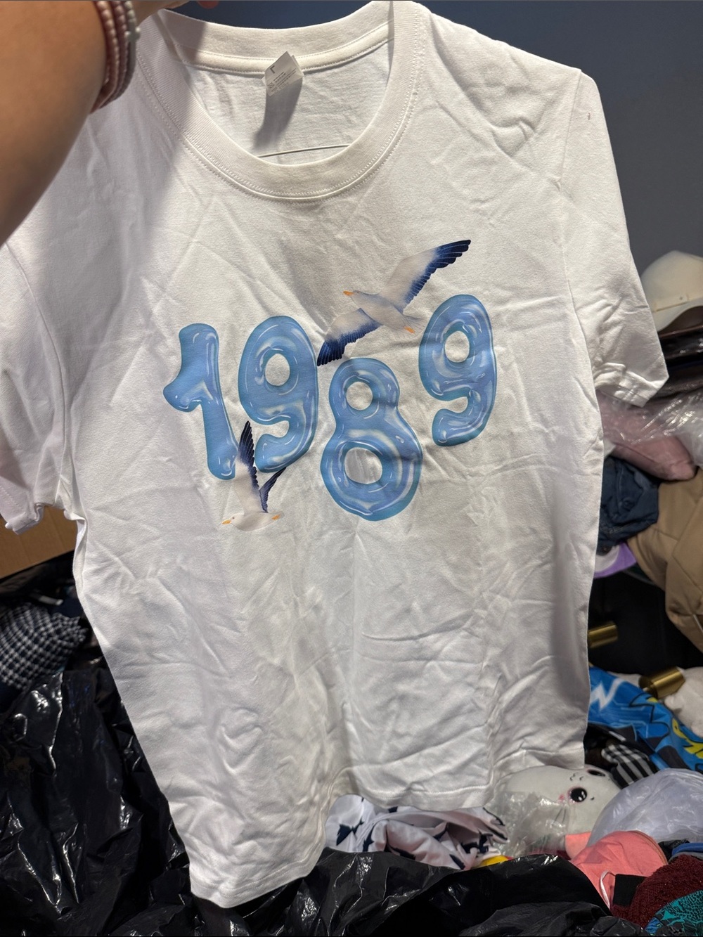 White mens 1989 Graphic Tee with Blue Seagull Design
